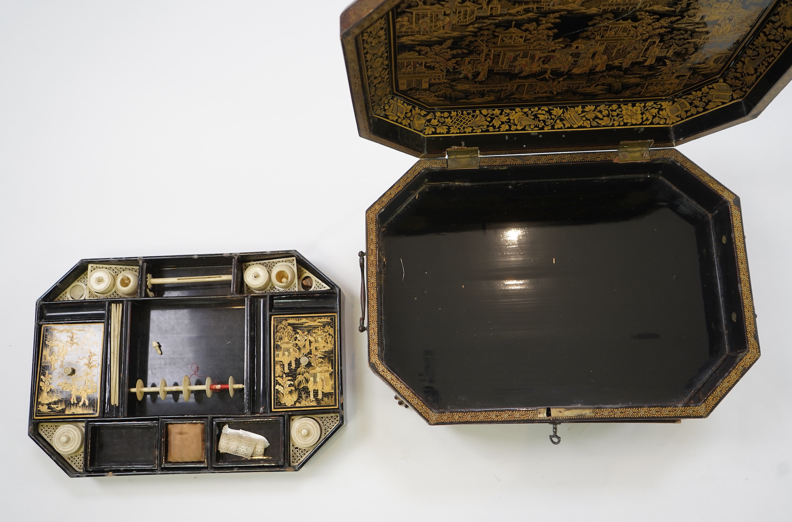A Chinese export gilt decorated black lacquer sewing box, 19th century